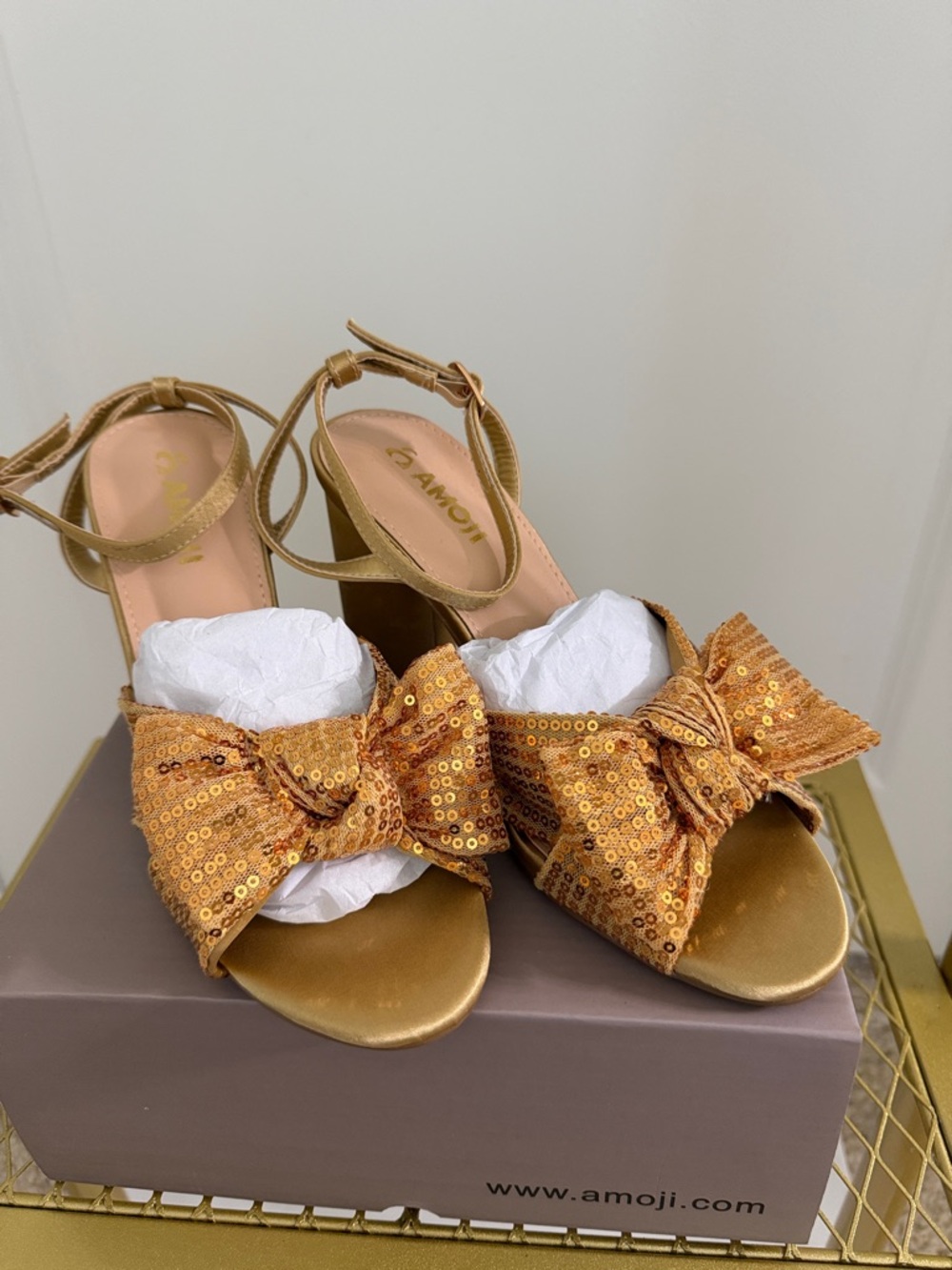 AMO Gold Sequin Bow Block Heel Sandals with Ankle Strap